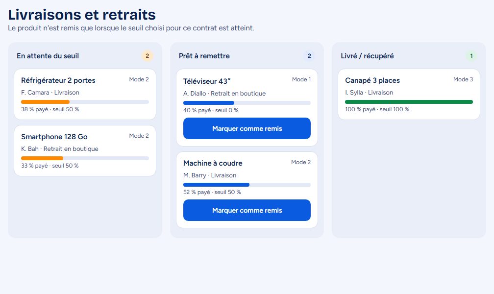 Écran Livraisons et retraits