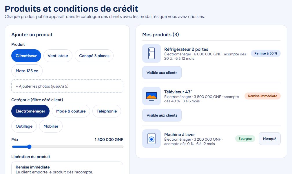 Écran Produits et modalités
